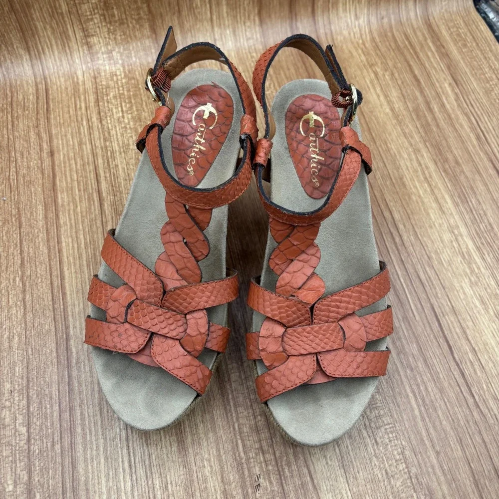 Earthie‎ Corsica Wedge Sandals Womens 8B Spice Orange Leather Snakeskin Braided